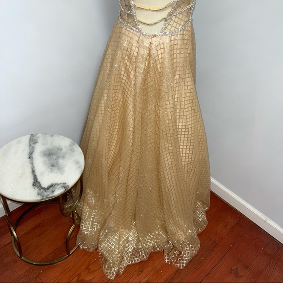 # Mac Duggal Gold Sequin Illusion Neck A Line Gown - Picture 12 of 17